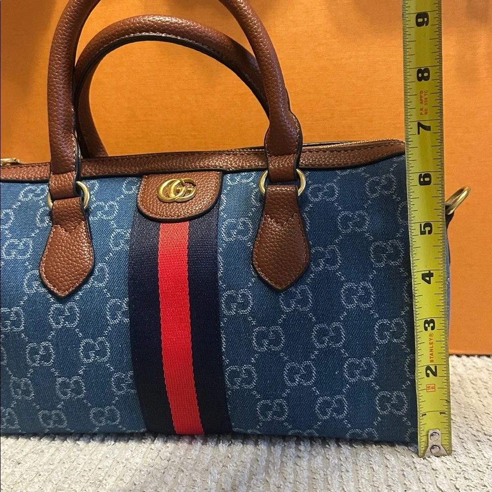 Gucci Denim GG Top-Handle Satchel with Red and Navy Stripe - Picture 8 of 9